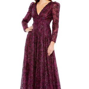 MAC DUGGAL EMBELLISHED V-NECK LONG SLEEVE A-LINE PLUM GOWN sz 12